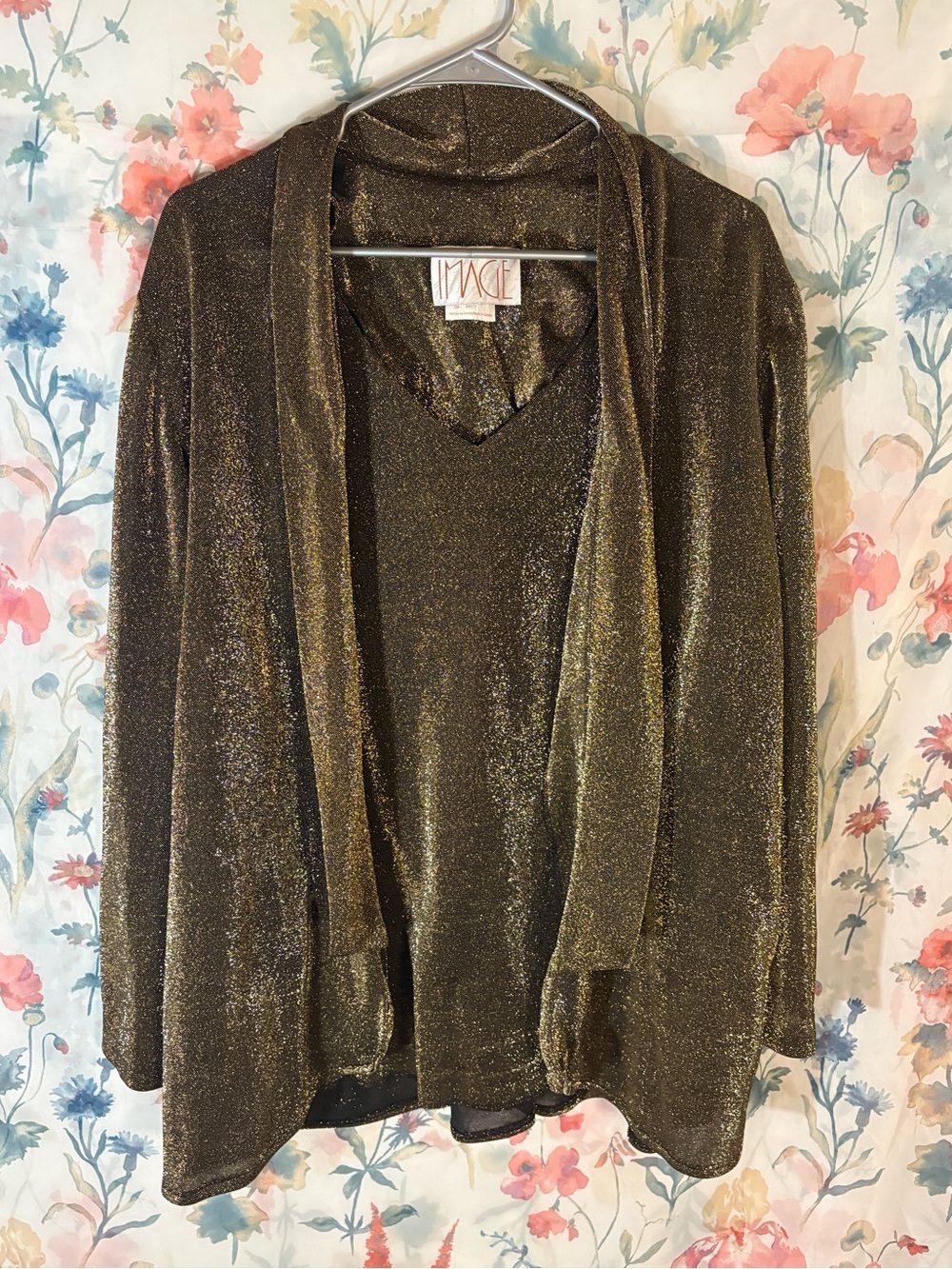 Vintage Image Metallic Open-Front Cardigan - Gold Sparkle